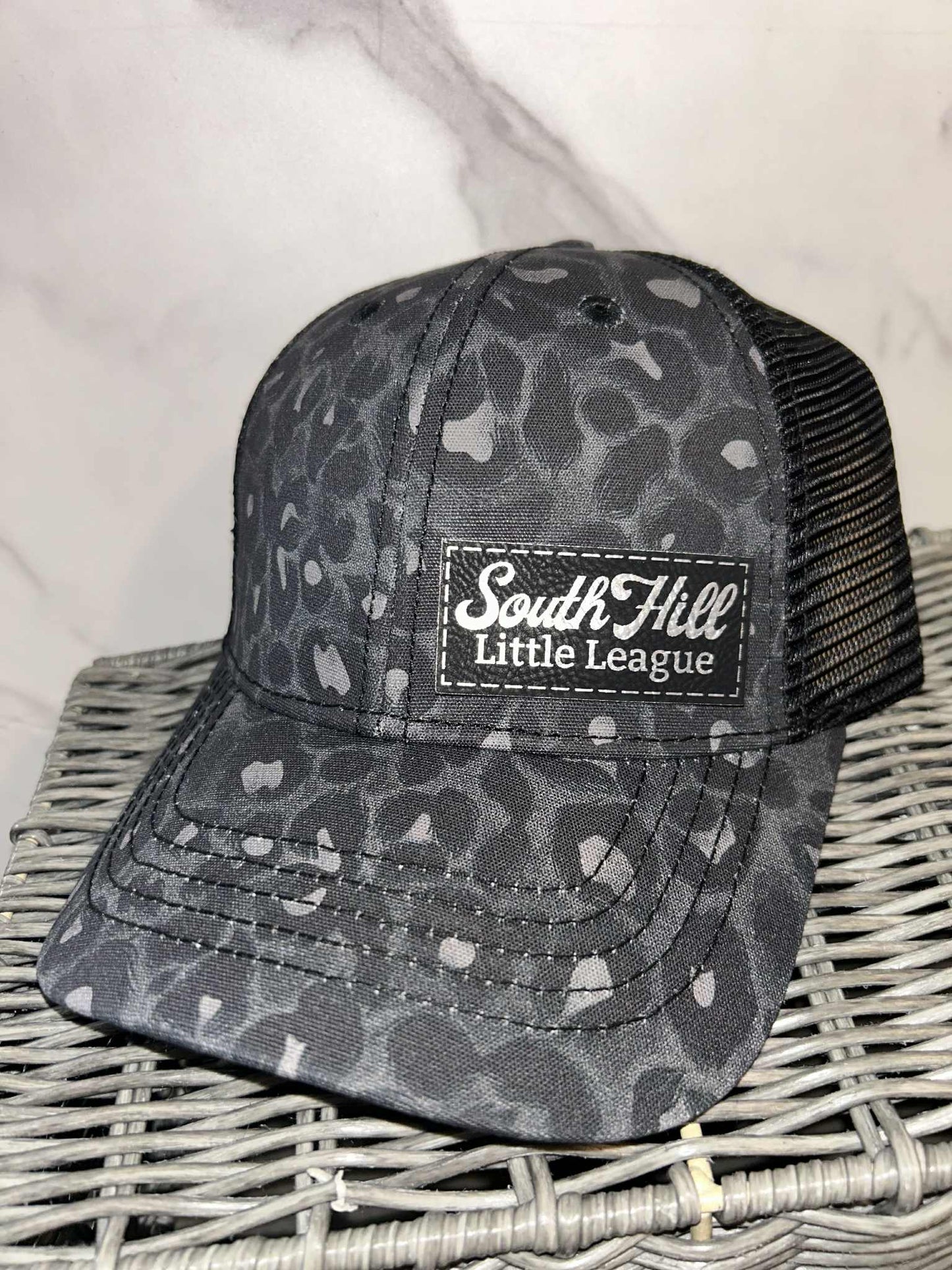 Baseball Themed Dark Leopard Ponytail Hat