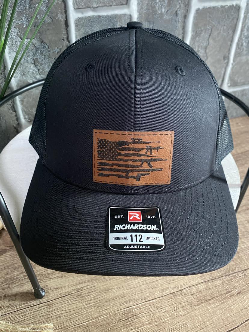 American Flag With Guns Leather Patch Hat