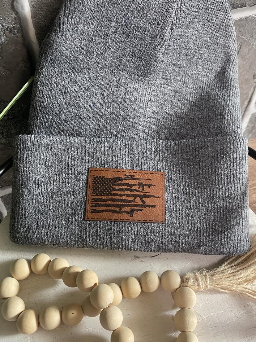 American Flag with Guns Leather Patch Beanie