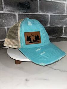 Camping Woman's Ponytail Teal Leather Patch Hat