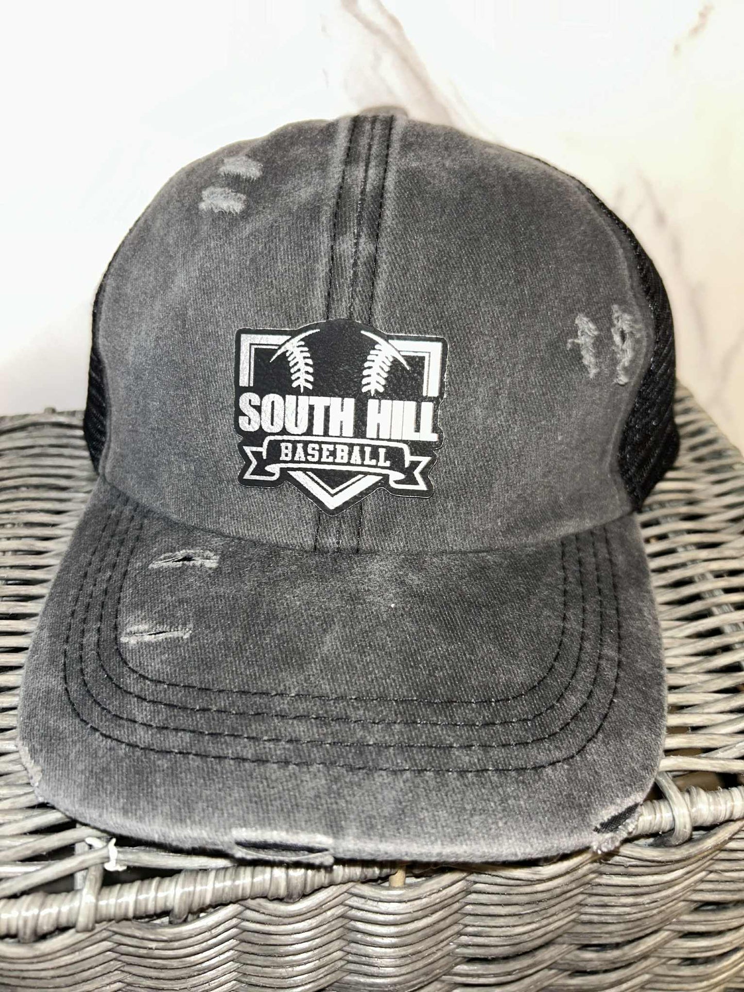 Black Distressed Ponytail Hat