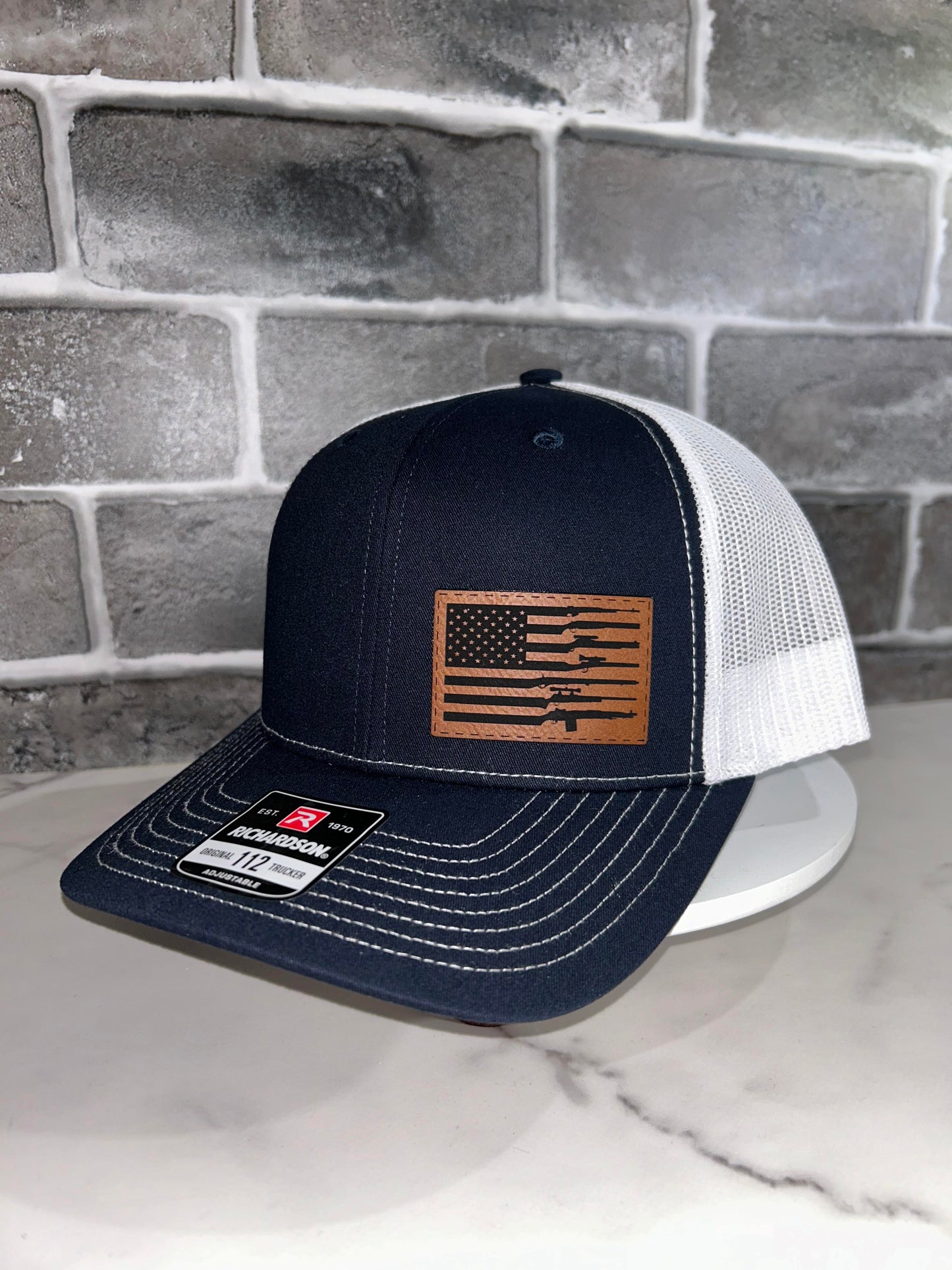 American Flag With Guns Leather Patch Hat