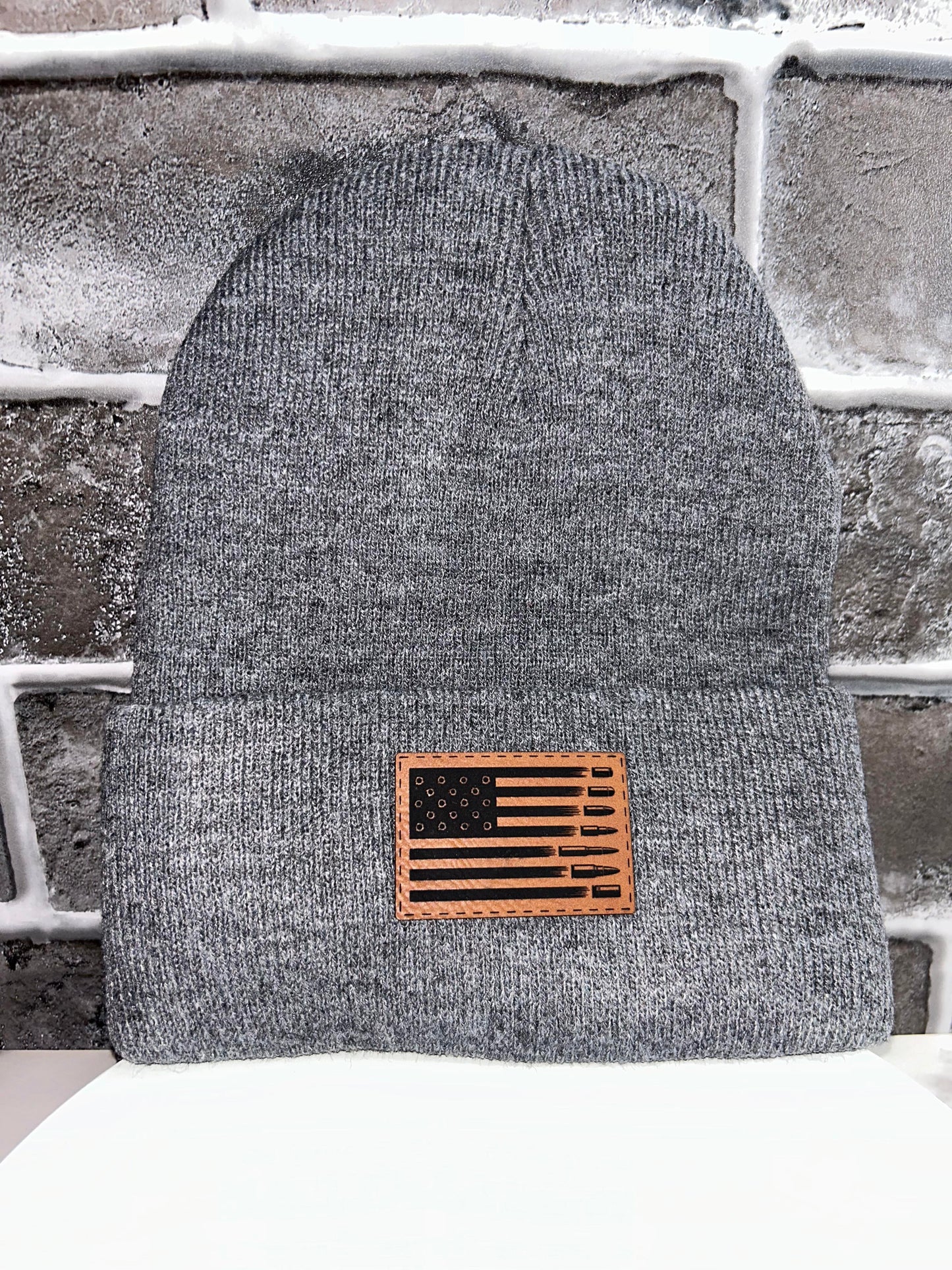 Flag With Bullets Leather Patch Beanie