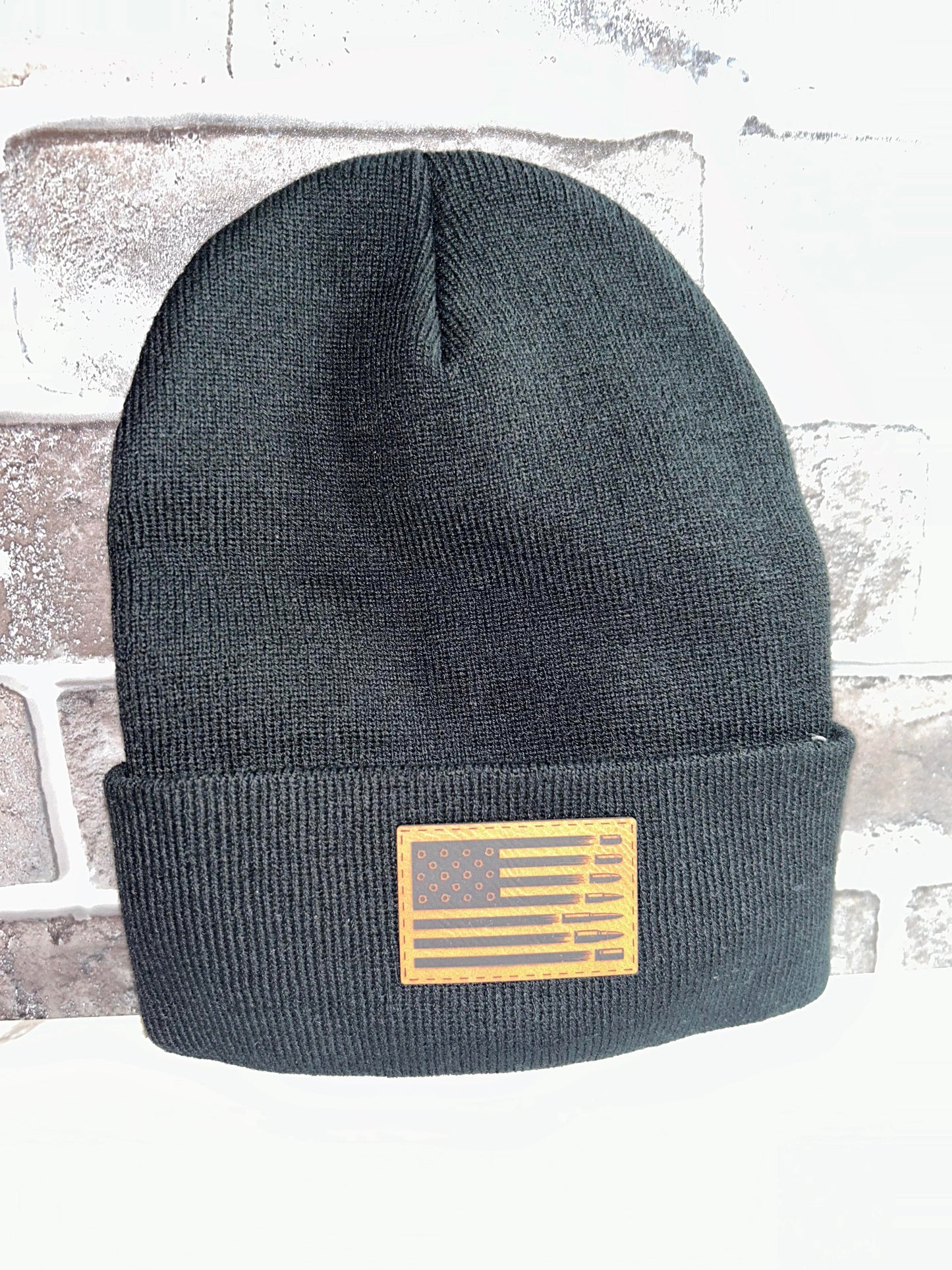 Flag With Bullets Leather Patch Beanie