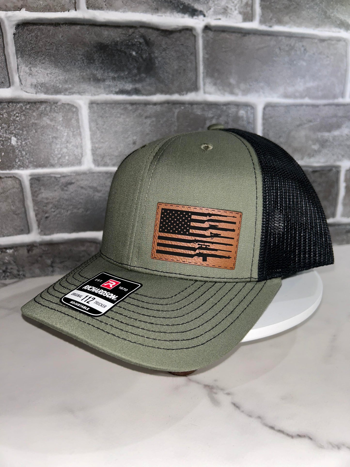 American Flag With Guns Leather Patch Hat