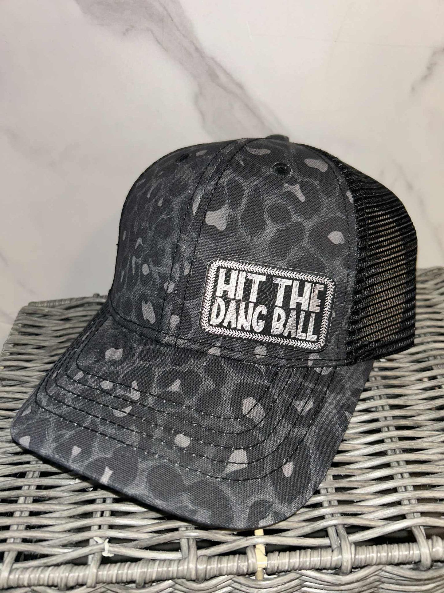 Baseball Themed Dark Leopard Ponytail Hat