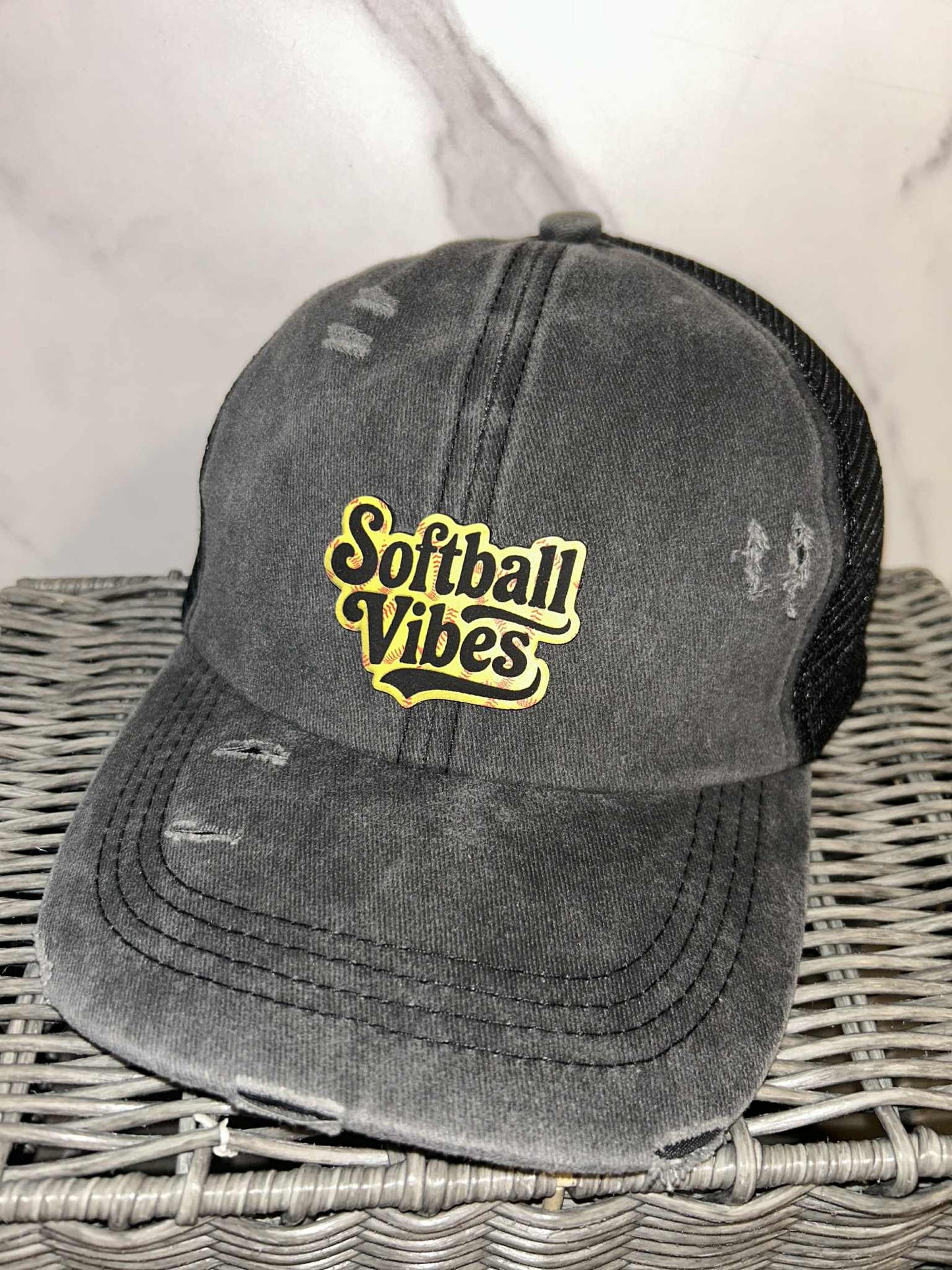 Black Distressed Ponytail Hat