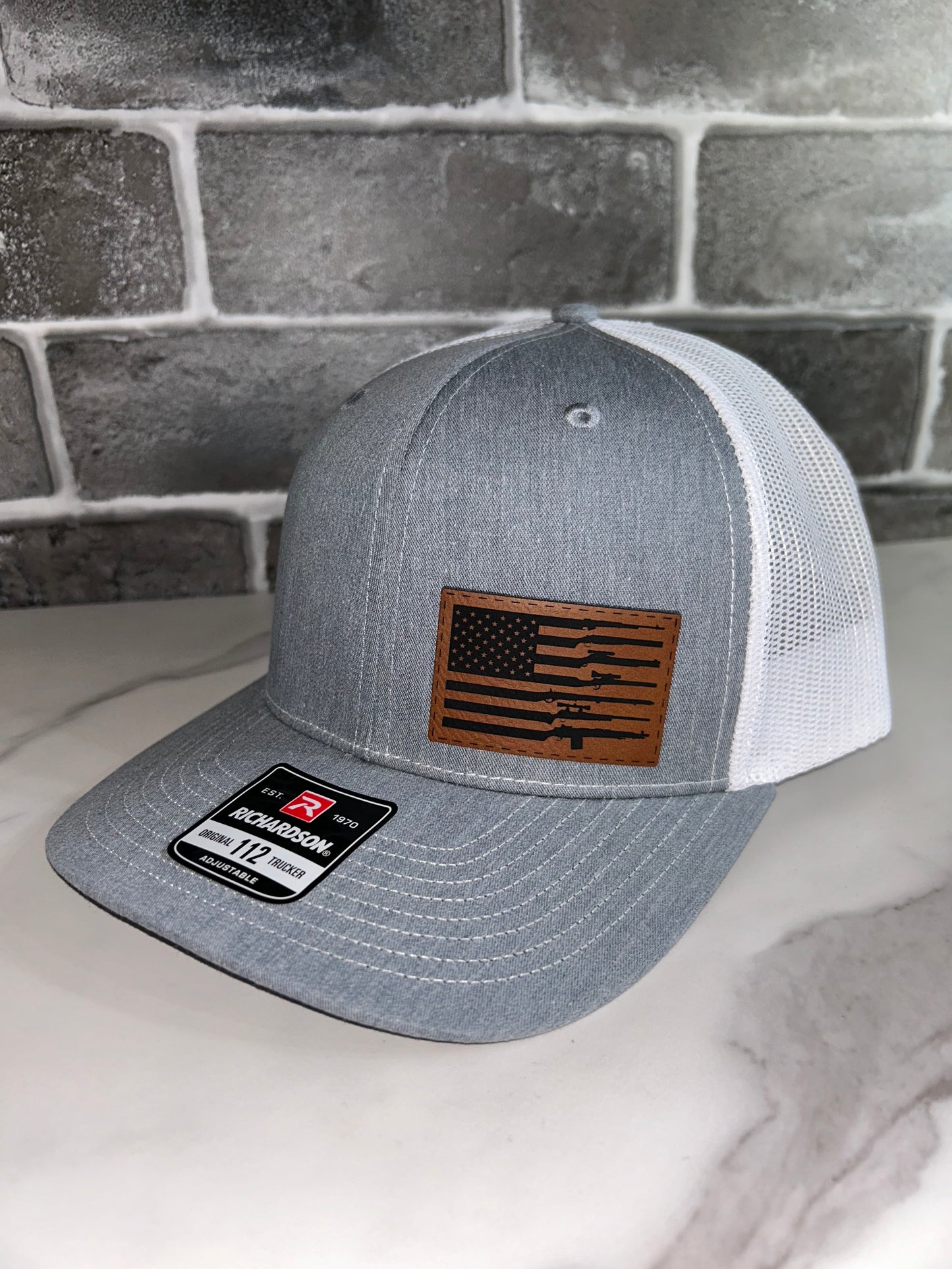 American Flag With Guns Leather Patch Hat