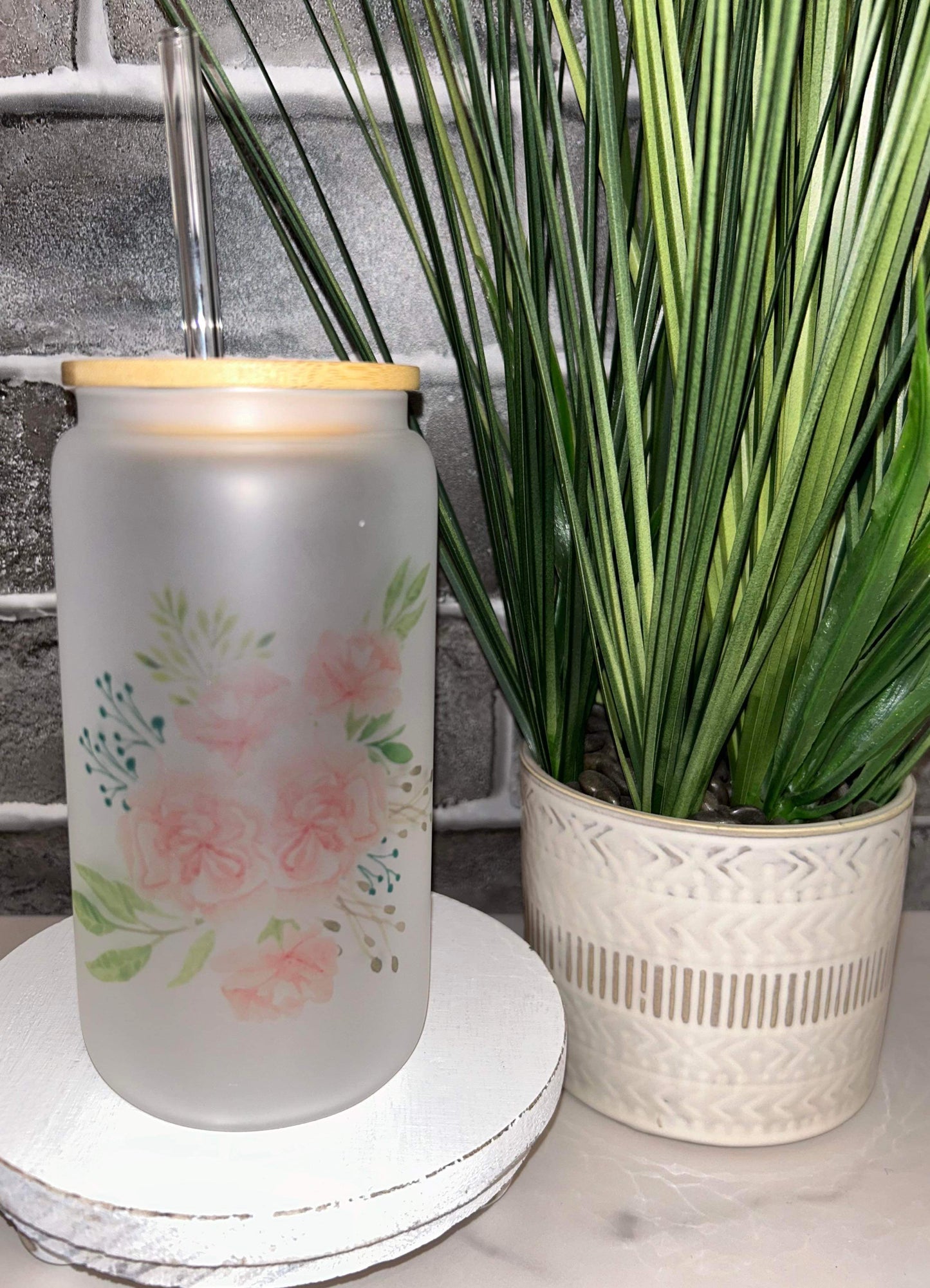 16 oz Glass Floral Tumbler