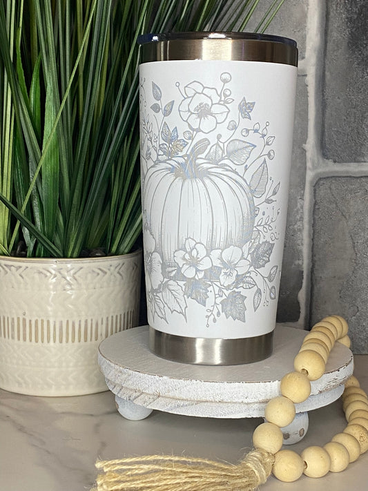 20 oz Etched Floral Pumpkin Tumbler