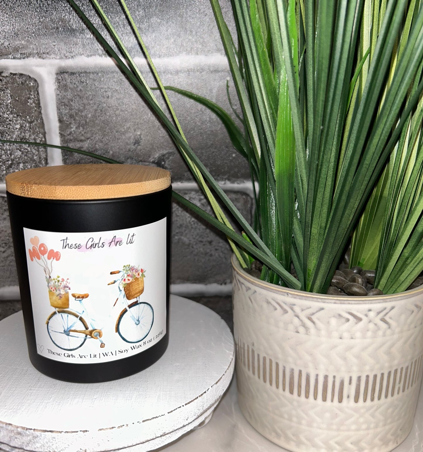 8 oz Glass Bike with Floral Baskets and Mom Balloons Candle