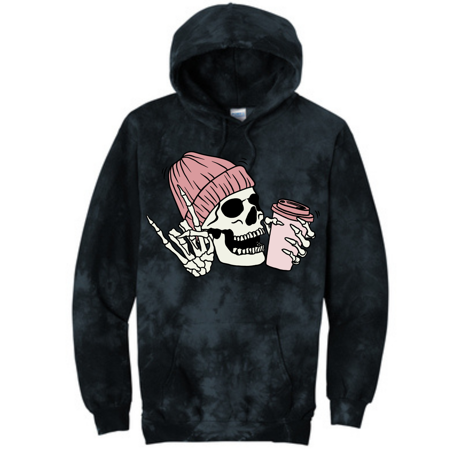 Pink Skull with Coffee Long Sleeve Hooded Sweatshirt