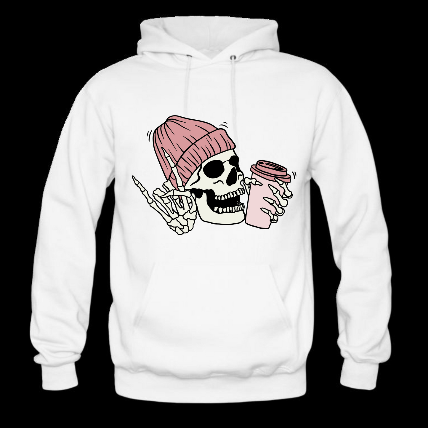 Pink Skull with Coffee Long Sleeve Hooded Sweatshirt