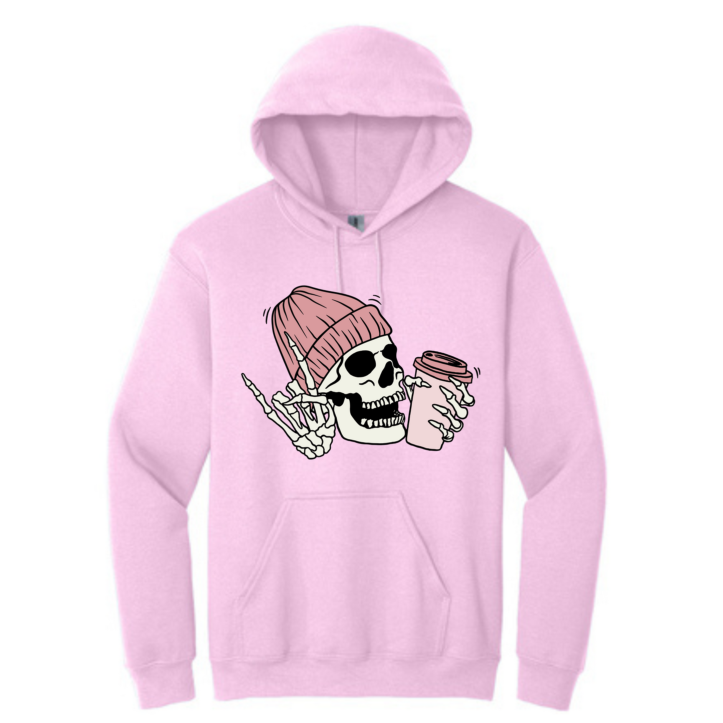 Pink Skull with Coffee Long Sleeve Hooded Sweatshirt