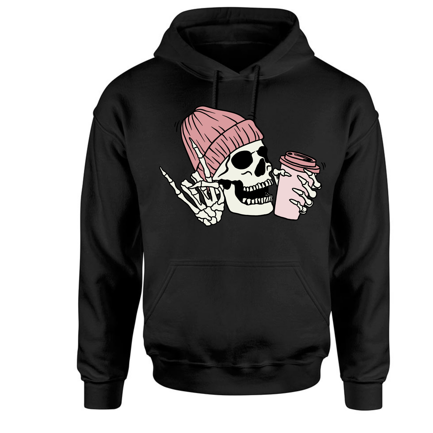 Pink Skull with Coffee Long Sleeve Hooded Sweatshirt