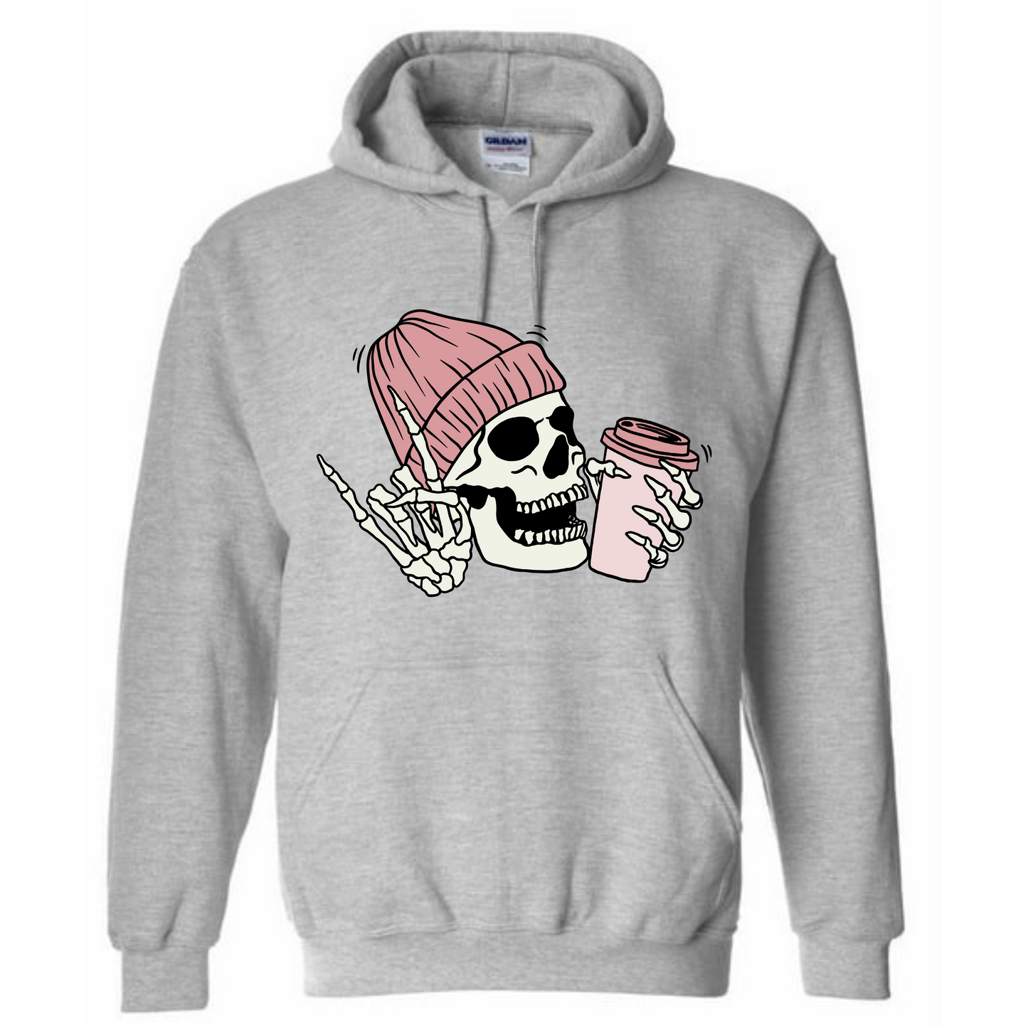 Pink Skull with Coffee Long Sleeve Hooded Sweatshirt