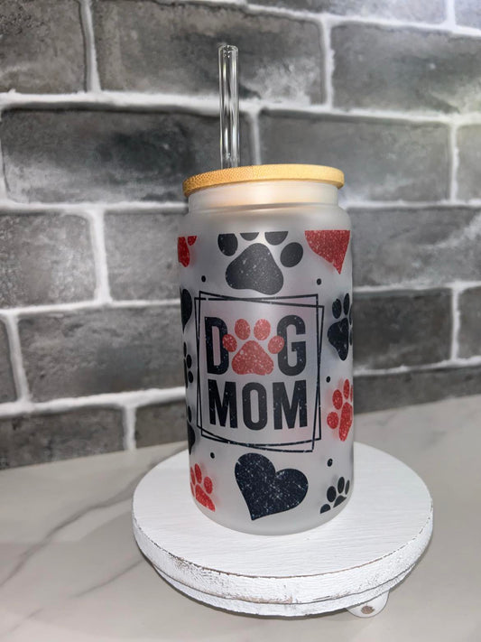 16 oz Dog Mom Glass Tumbler Frosted
