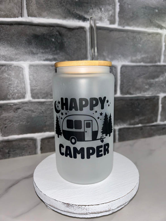 16 oz Happy Camper Glass Tumbler Frosted