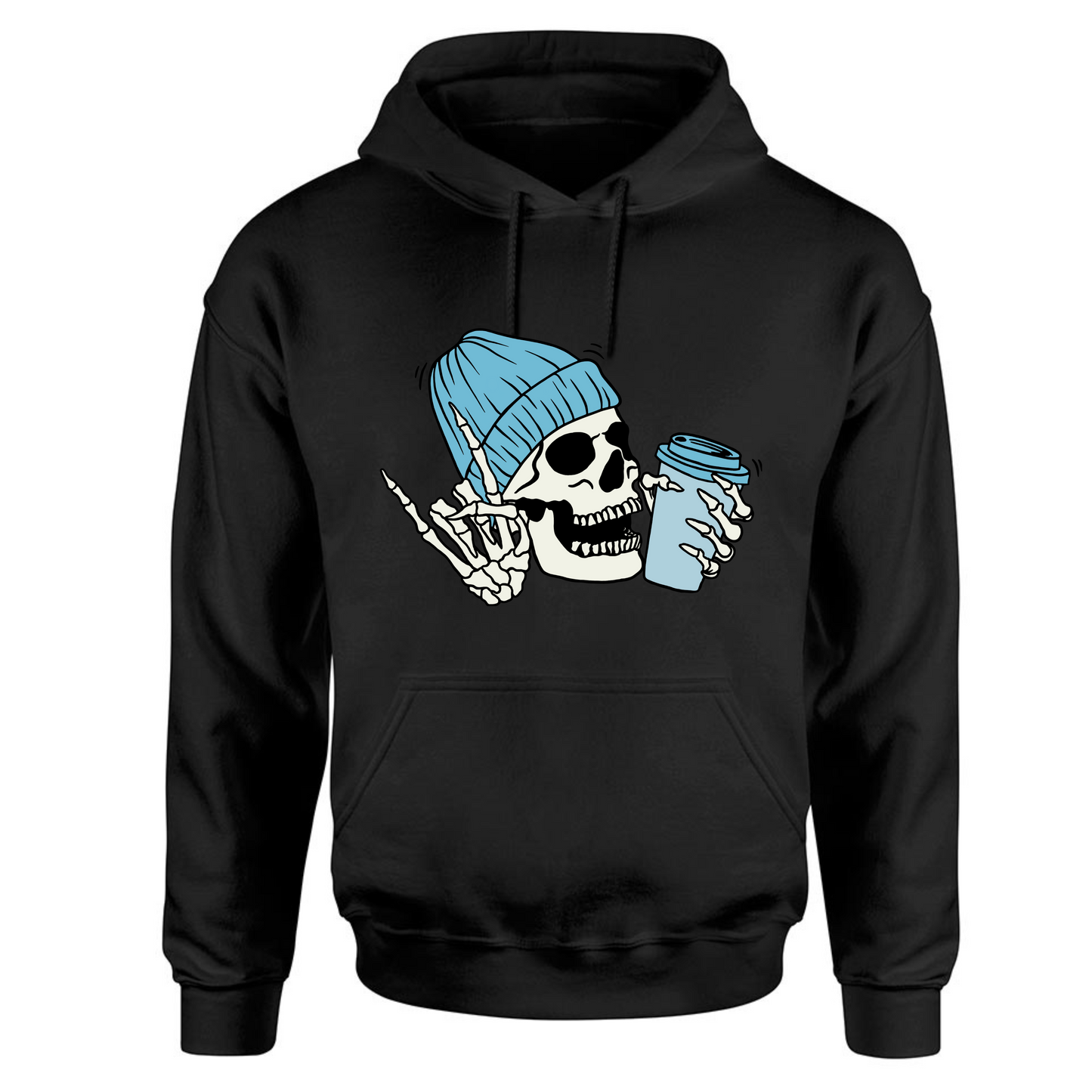 Blue Skull with Coffee Long Sleeve Hooded Sweatshirt