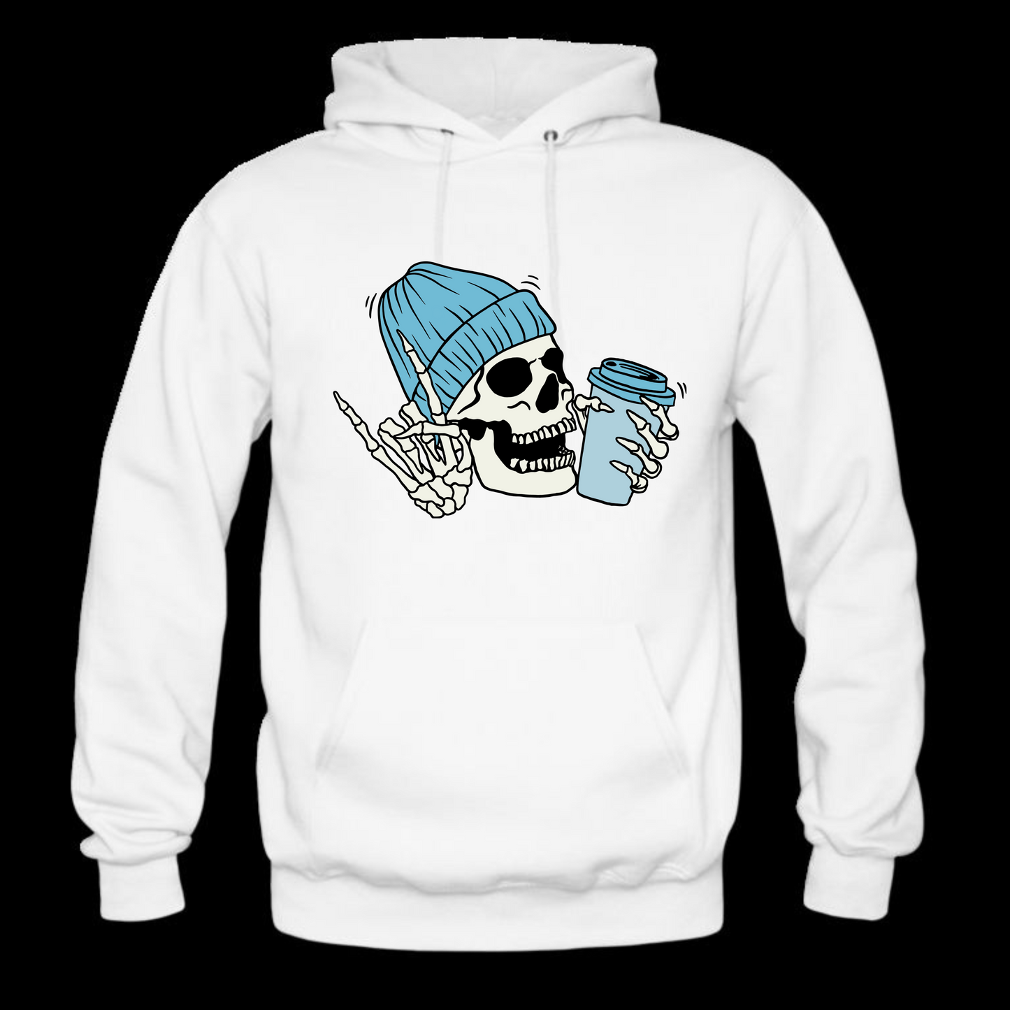 Blue Skull with Coffee Long Sleeve Hooded Sweatshirt