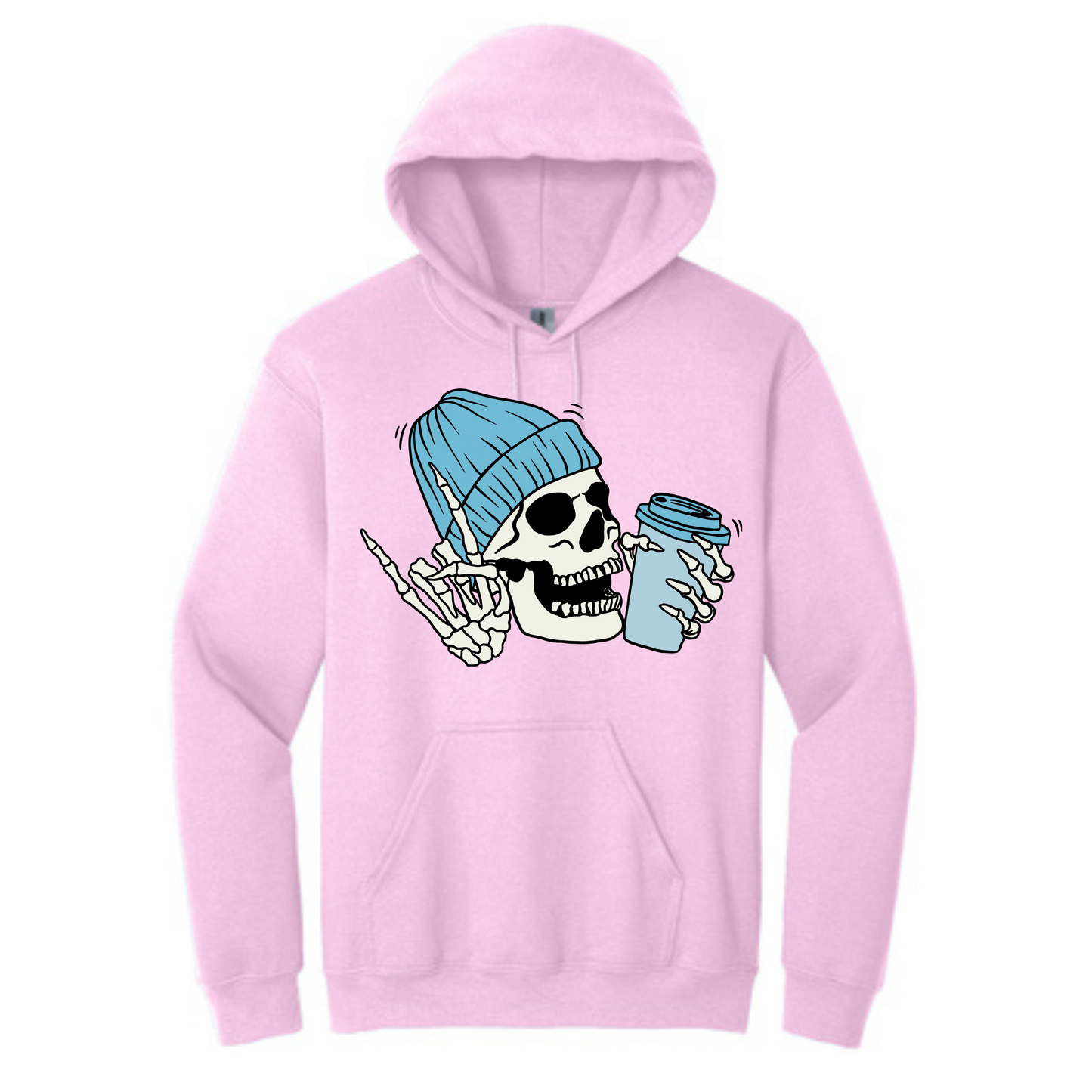 Blue Skull with Coffee Long Sleeve Hooded Sweatshirt