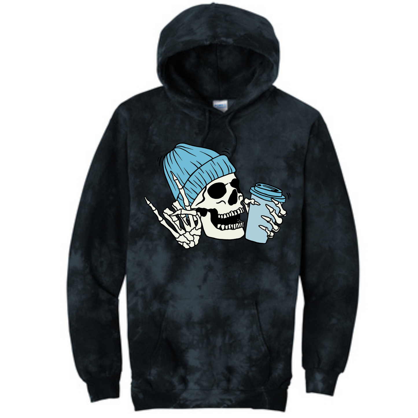 Blue Skull with Coffee Long Sleeve Hooded Sweatshirt