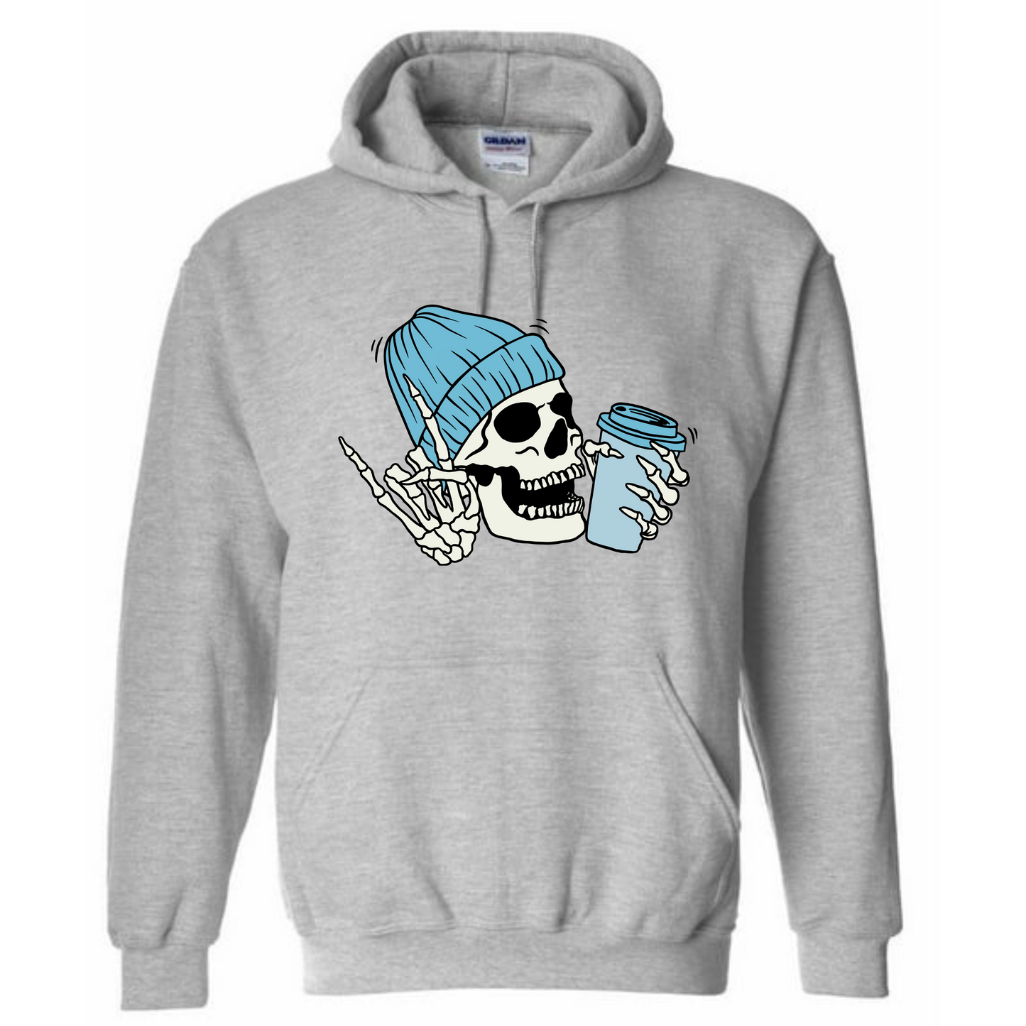 Blue Skull with Coffee Long Sleeve Hooded Sweatshirt