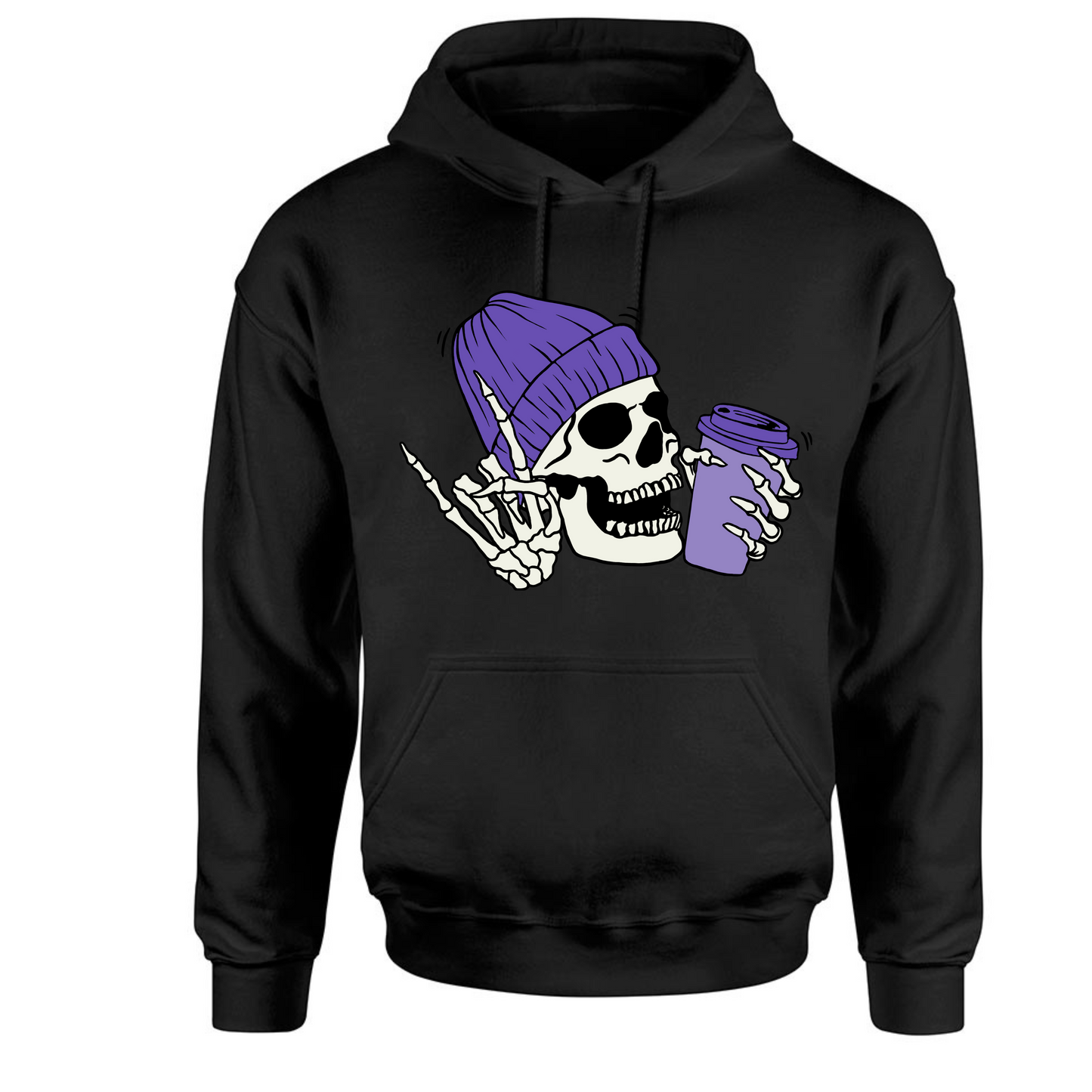 Purple Skull with Coffee Long Sleeve Hooded Sweatshirt