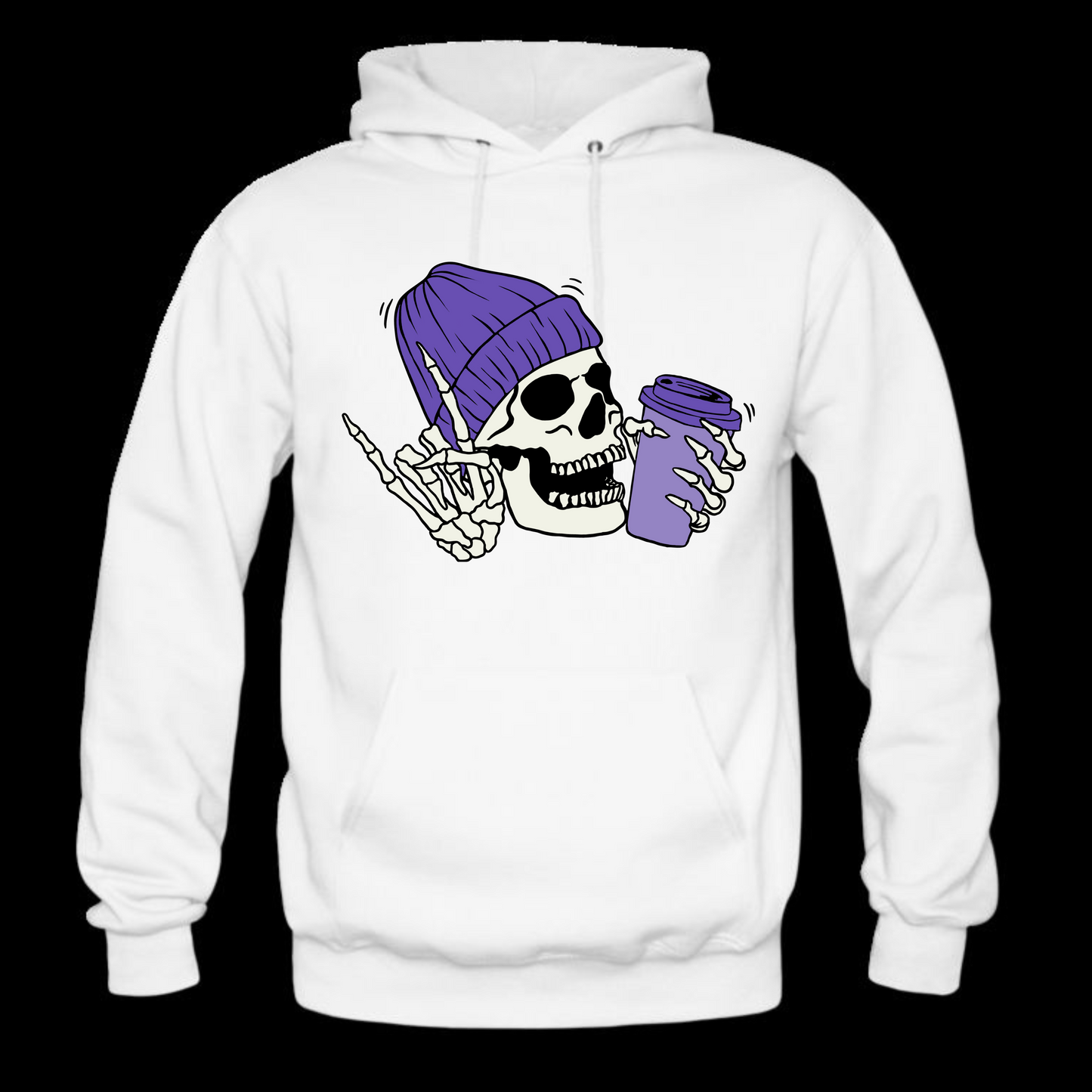 Purple Skull with Coffee Long Sleeve Hooded Sweatshirt