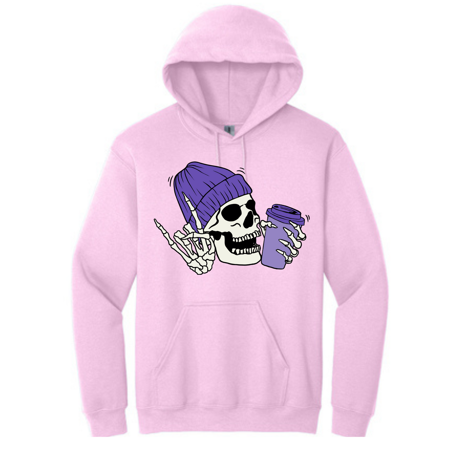 Purple Skull with Coffee Long Sleeve Hooded Sweatshirt