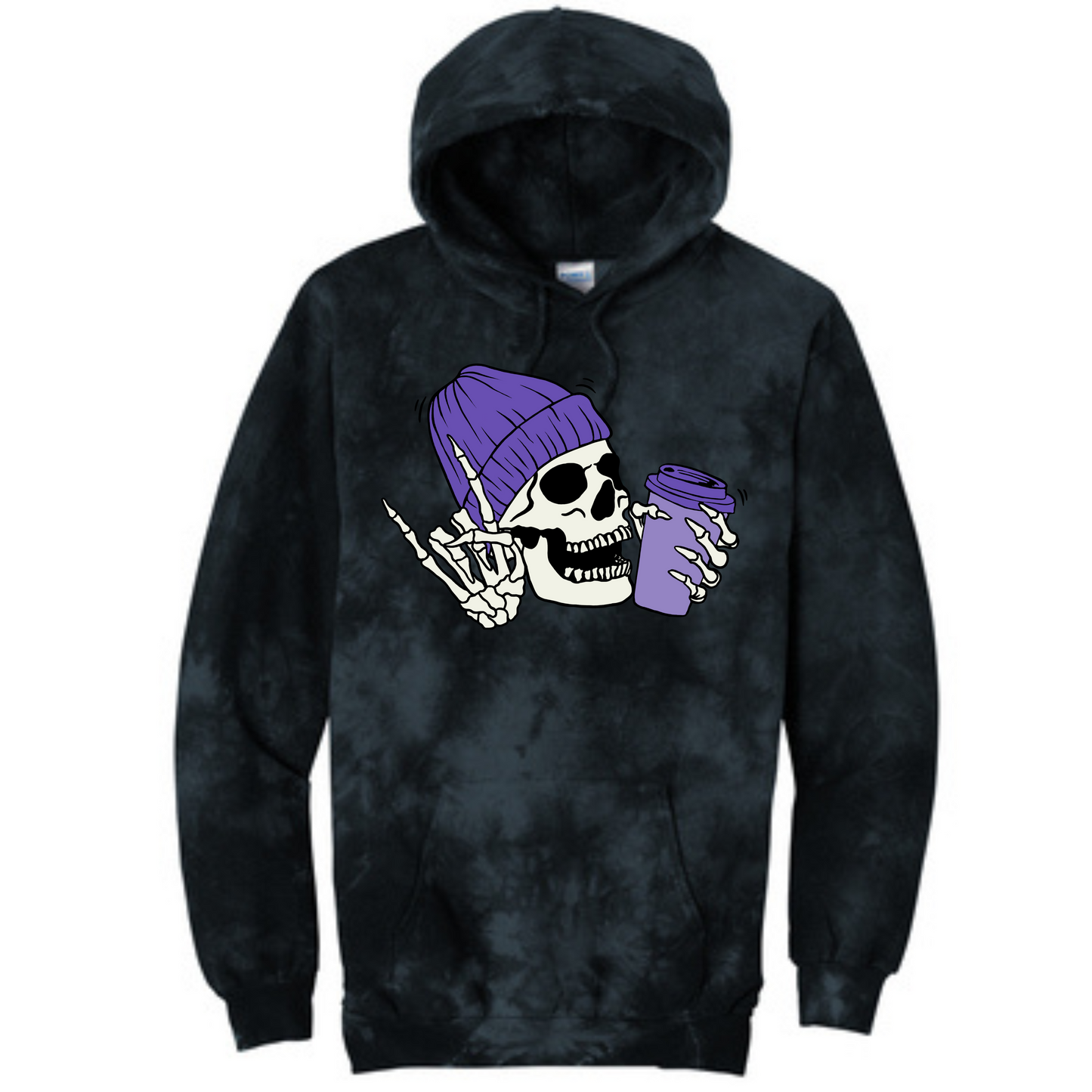 Purple Skull with Coffee Long Sleeve Hooded Sweatshirt