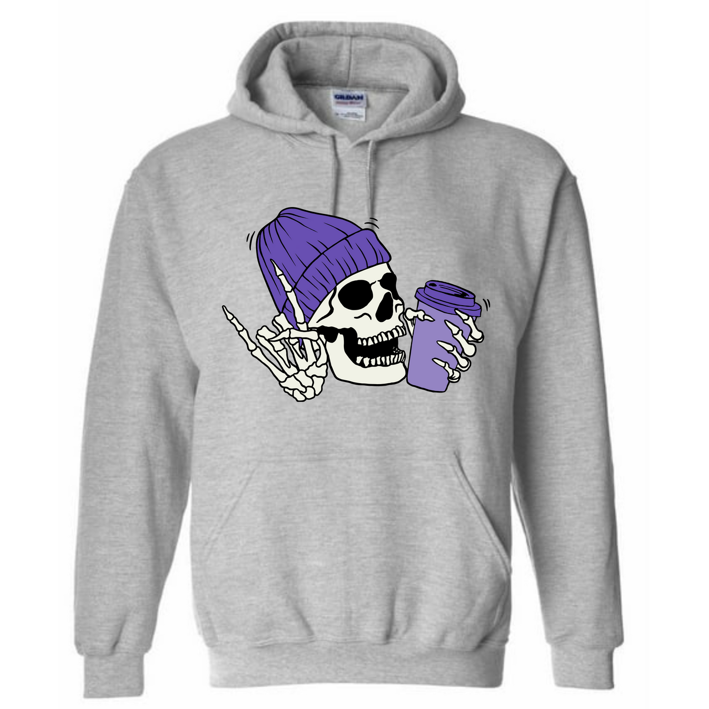 Purple Skull with Coffee Long Sleeve Hooded Sweatshirt