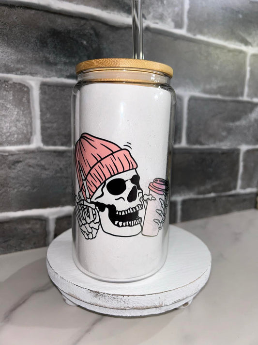 16 oz Pink Skull & Coffee Glass Tumbler